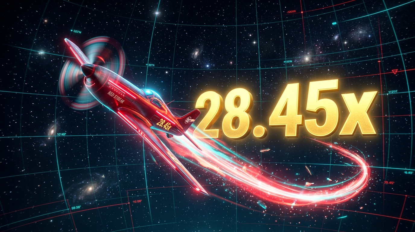 Futuristic red Aviator airplane with 28.45x golden multiplier in space