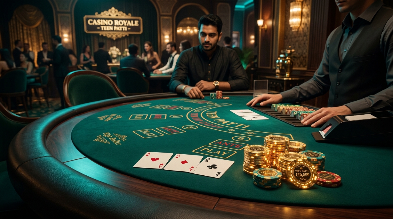 Live Teen Patti emerald table with gold chips and live dealer